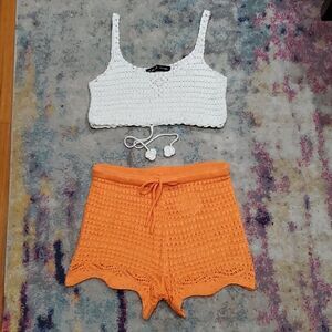 2 Piece Chrochet Outfit - White Crop Top & Orange Crocheted Shorts
